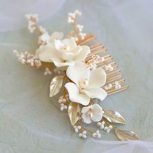 Wedding hairpiece with ceramic flowers and freshwater pearls